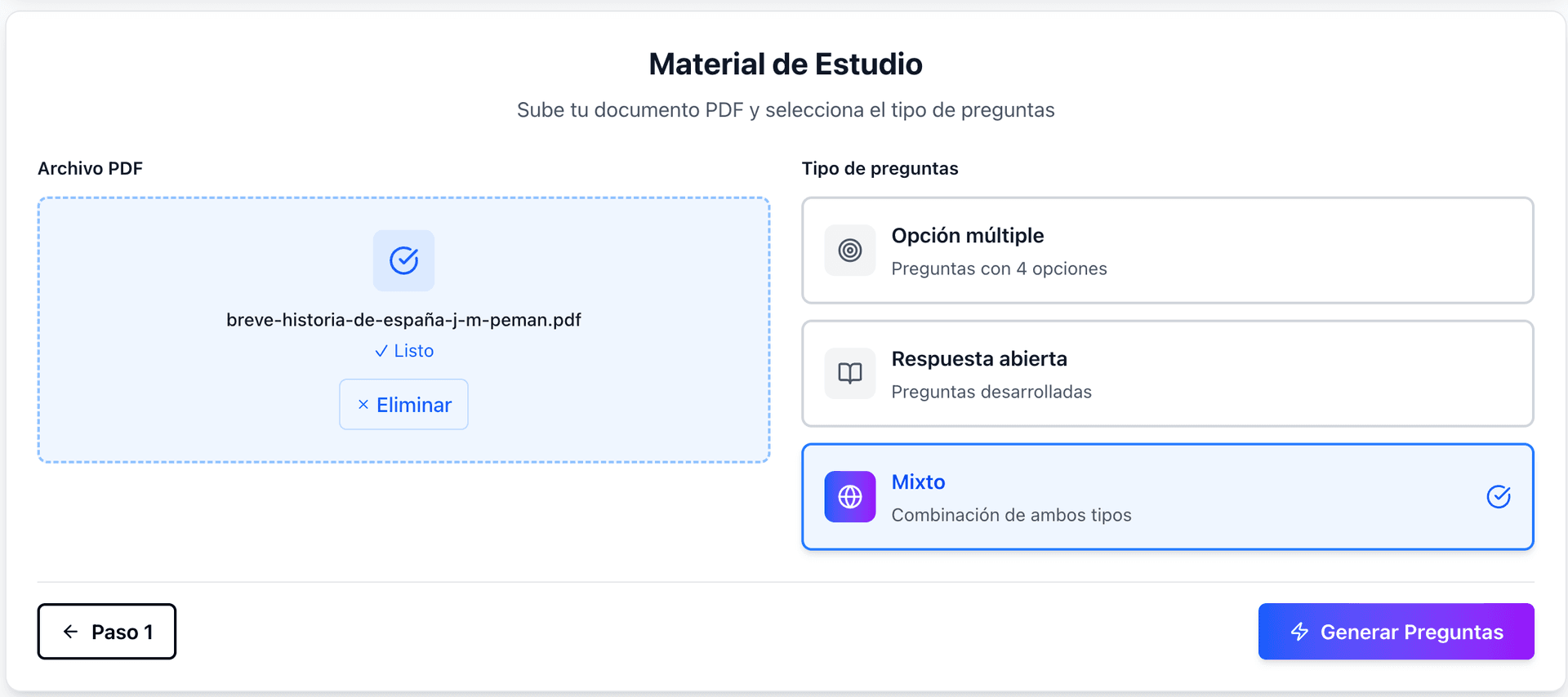 Paso 2: Sube tu material PDF y selecciona el tipo de preguntas